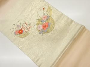 リサイクル　純金箔丸文に草花・蛇籠模様刺繍名古屋帯